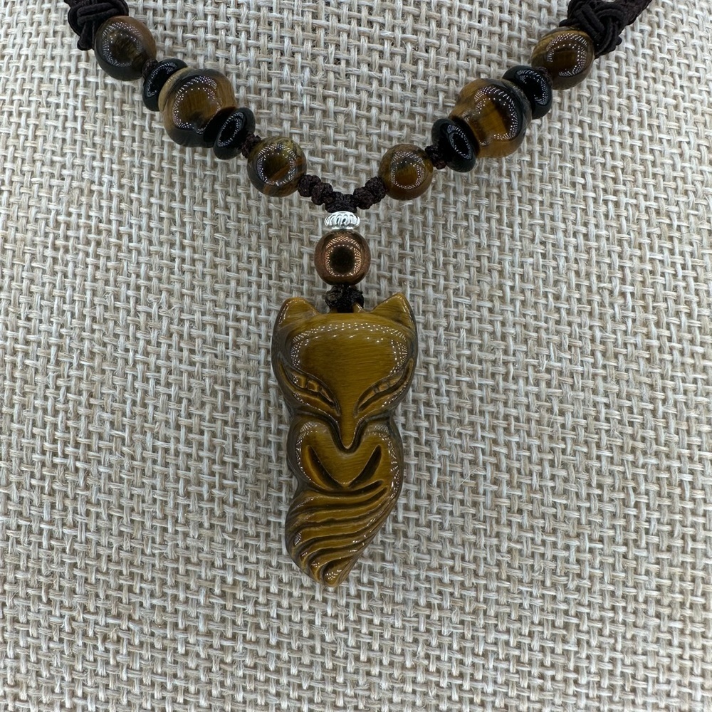 Tiger’s Eye Nine Tail Fox Pendant Necklace with Silver and Hematite on Rope